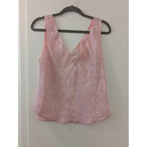Vintage Pink Satin Sleeveless Camisole Floral Jacquard Design By Deena Size L